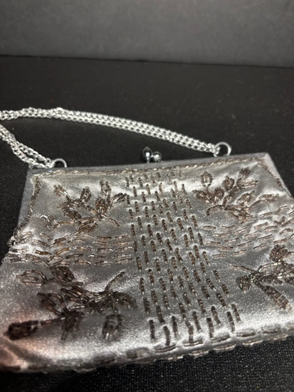 Vintage Walborg Silver Beaded Lame Evening Clutch Bag w/ Chain Strap